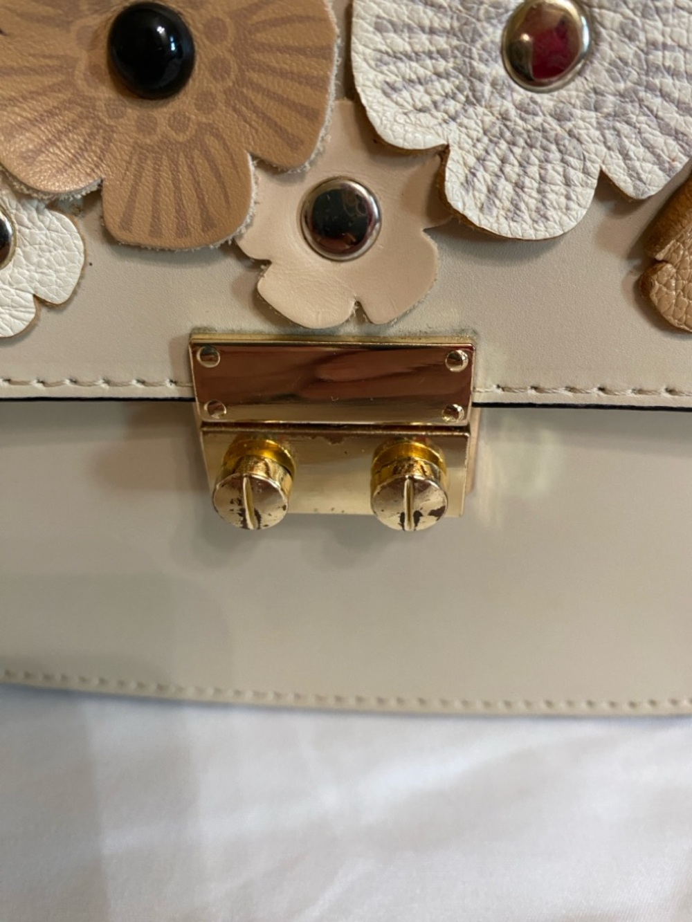 Beige Floral Italian Leather Shoulder Bag, Dinky Size w/Tea Rose Appliqué - Picture 5 of 16